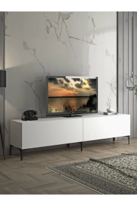 Vega Premium 200 Cm Geniş Dolaplı Metal Ayaklı Tv Ünitesi - Beyaz / Siyah